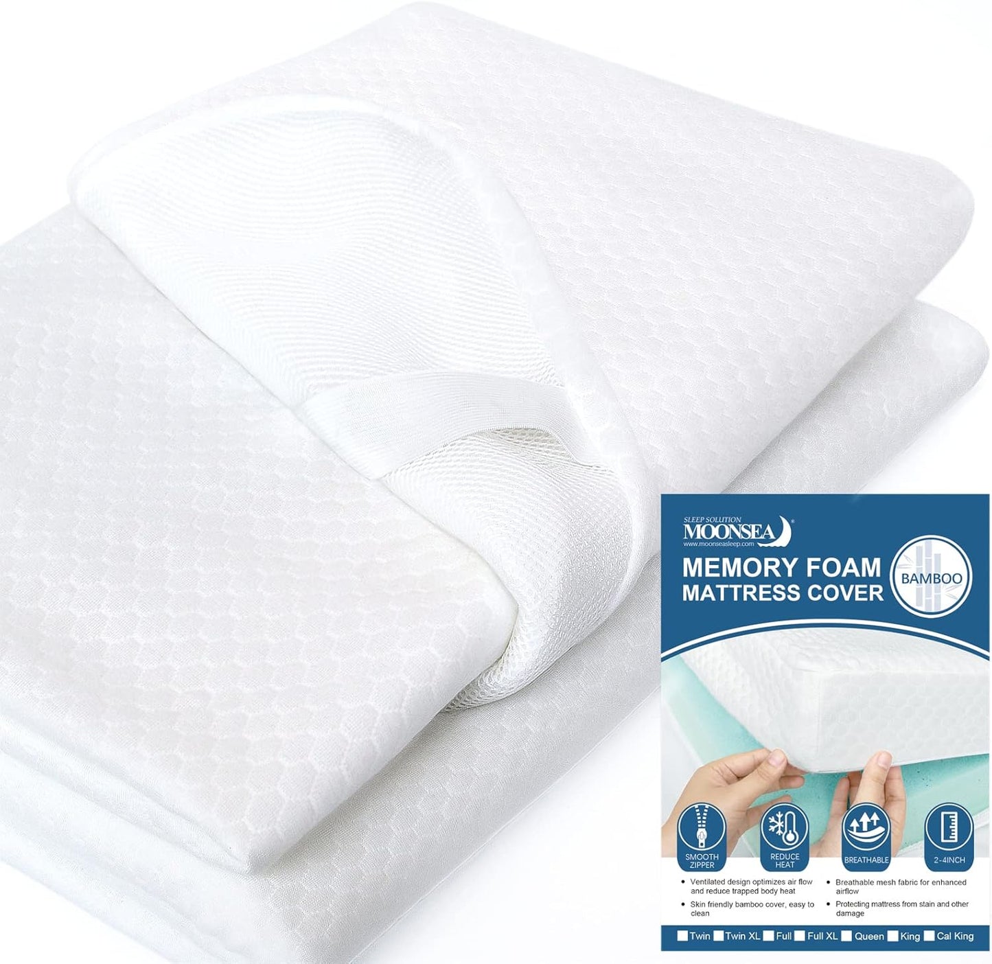 Mattress Topper Cover Only for Queen Size Foam Latex, 3-4 Inch Zippered Viscose Made from Bamboo, Removable Queen Size Encasement with Straps