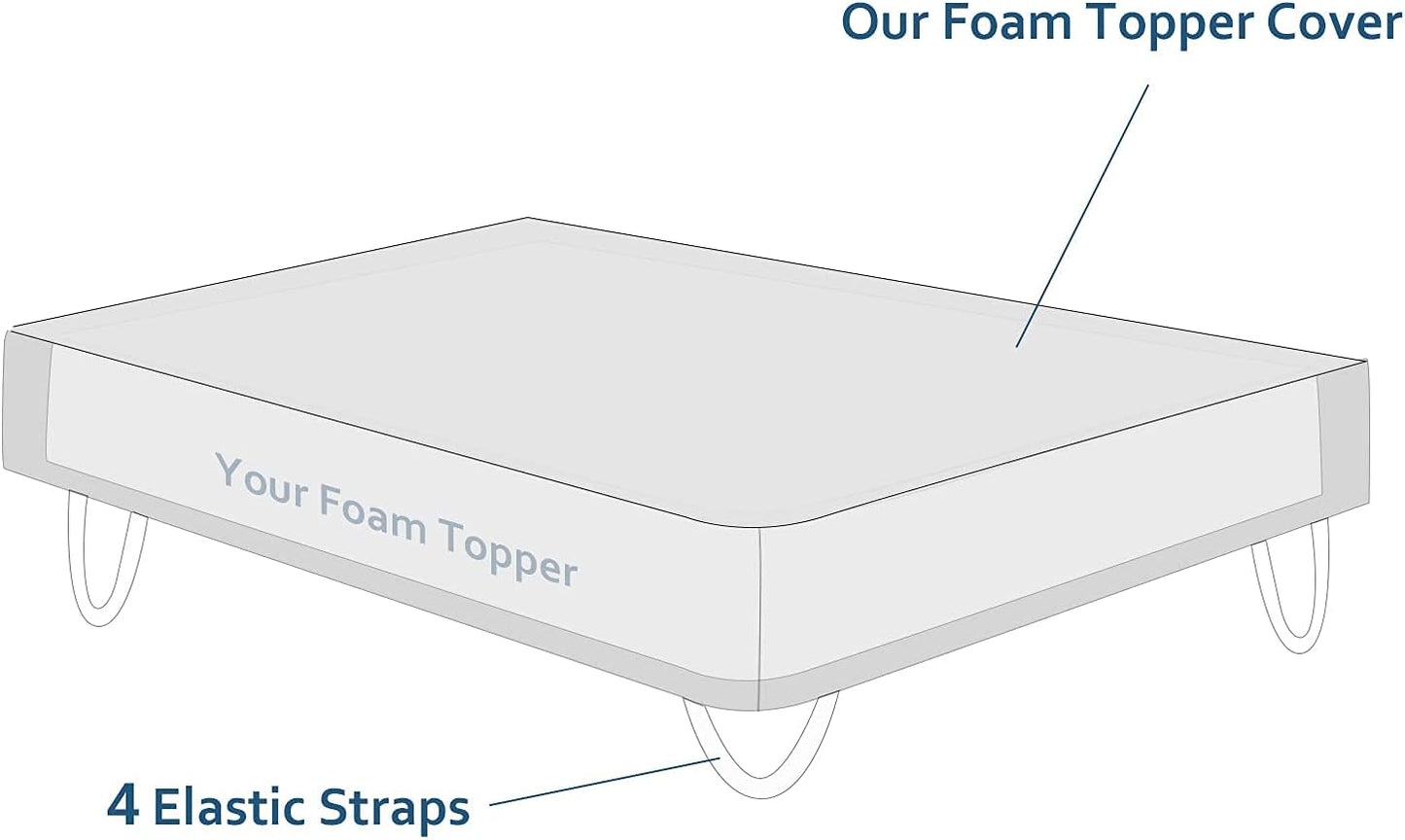 Mattress Topper Cover Only for Queen Size Foam Latex, 3-4 Inch Zippered Viscose Made from Bamboo, Removable Queen Size Encasement with Straps