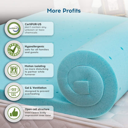 2 Inch Gel Infused Memory Foam Mattress Topper Twin – Single Bed Mattress Pad – Ventilated and Breathable – Certipur Certified