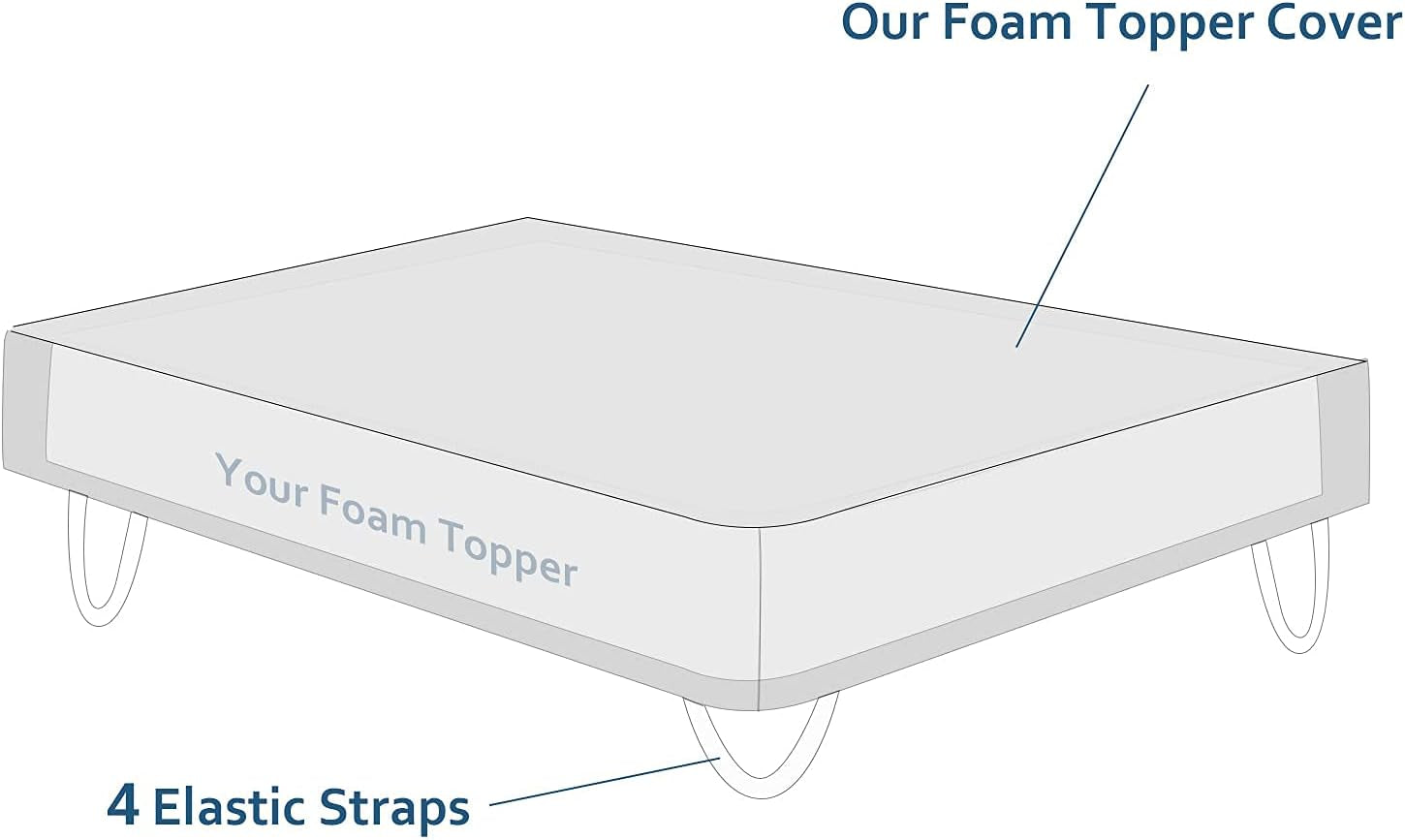 Mattress Topper Cover Only for Queen Size Foam Latex, 3-4 Inch Zippered Viscose Made from Bamboo, Removable Queen Size Encasement with Straps