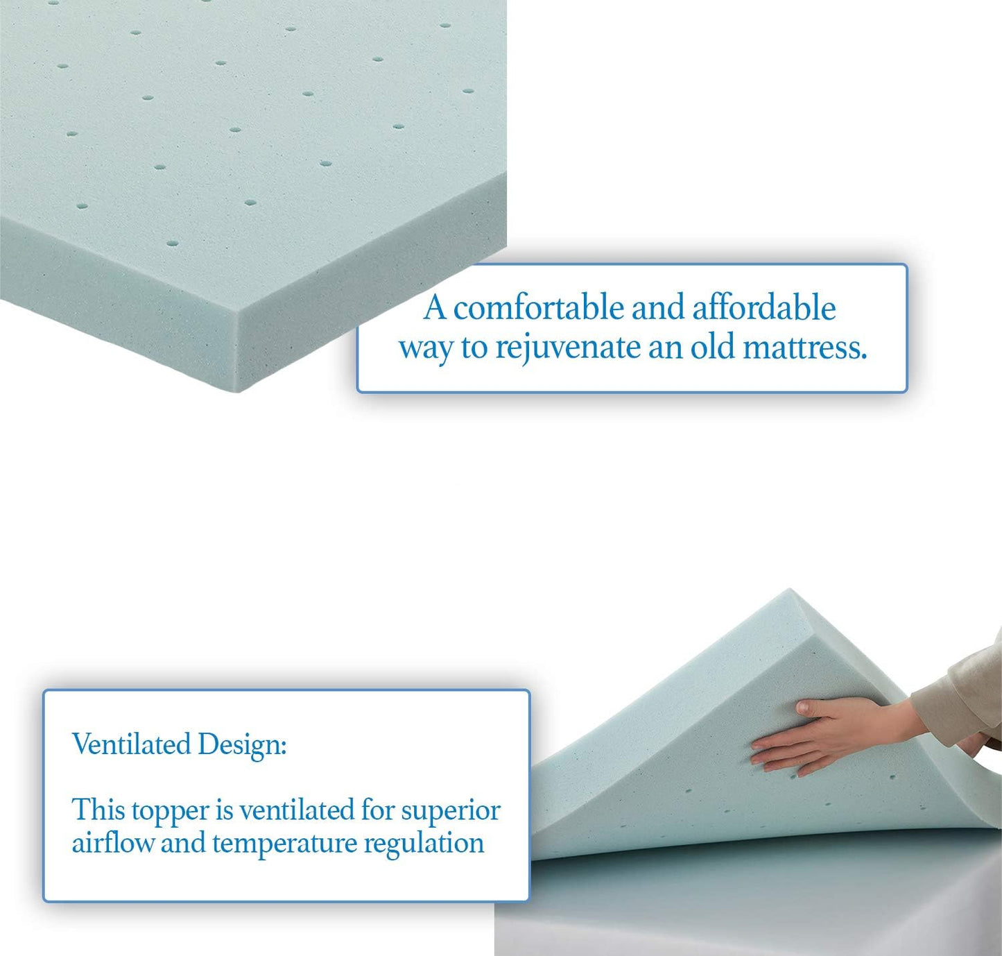 Bedding Mattress Topper, 2 Inch Memory Foam Topper, Gel Infused Memory Foam Mattress Topper, Ventilated Design Mattress Pad, Full, Blue