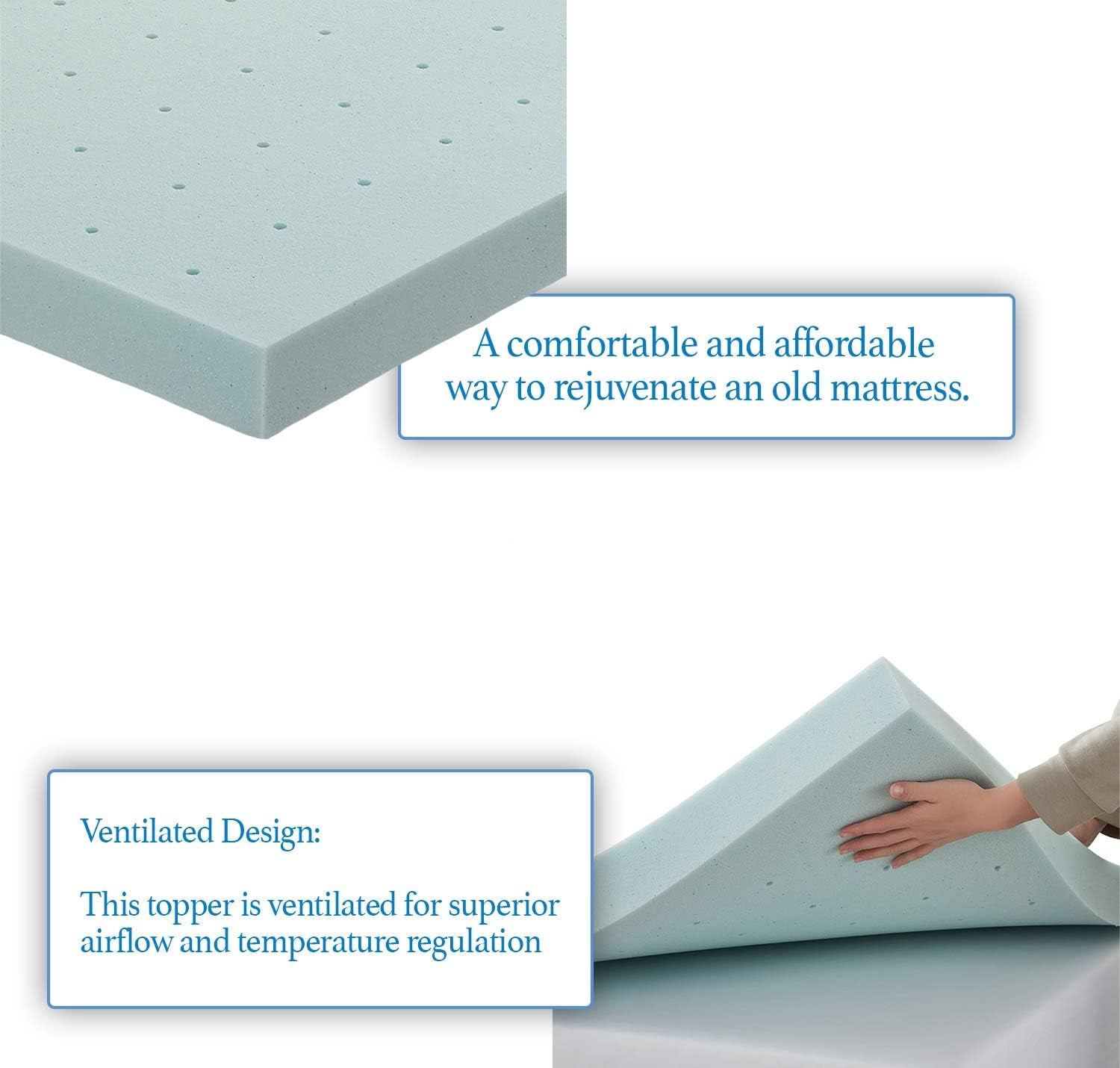 Bedding Mattress Topper, 2 Inch Memory Foam Topper, Gel Infused Memory Foam Mattress Topper, Ventilated Design Mattress Pad, Full, Blue