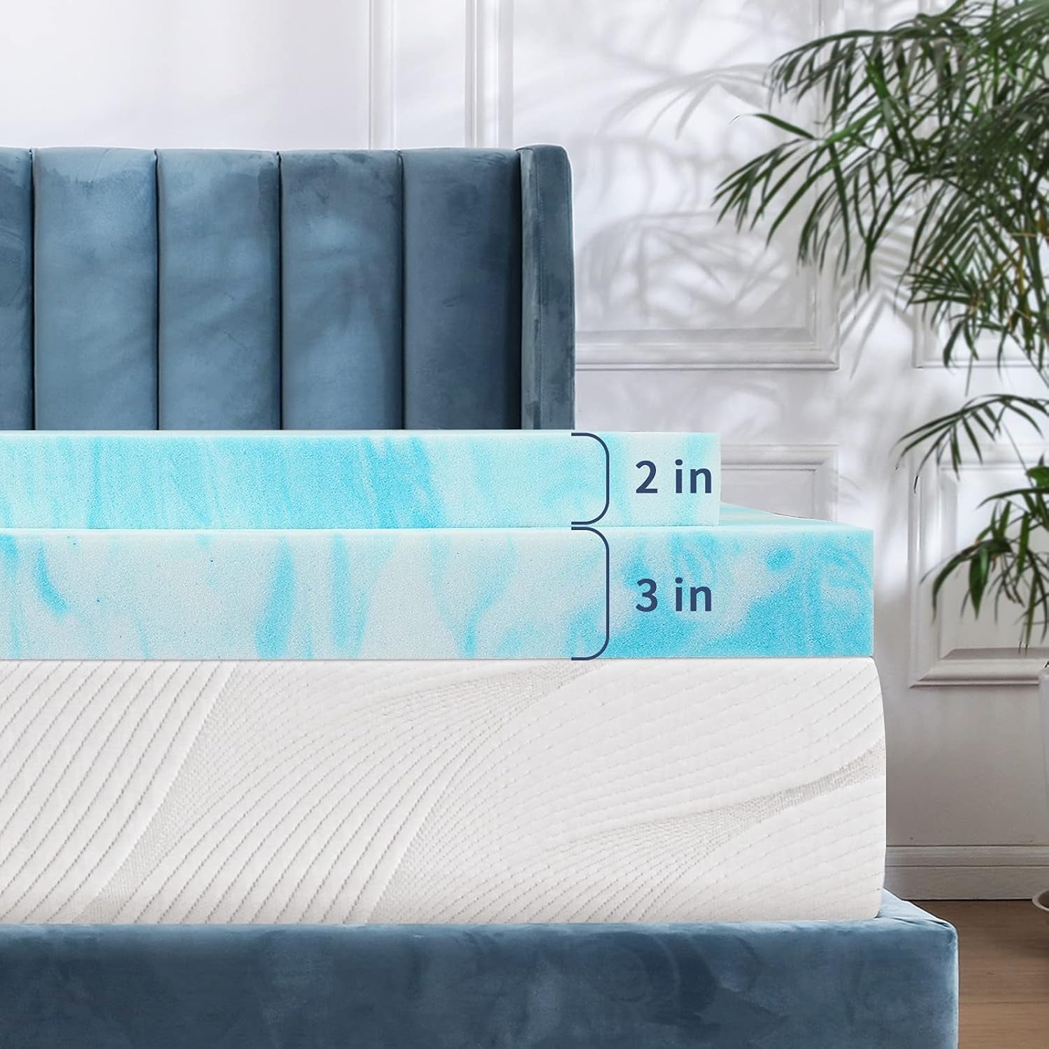 Mattress Topper, Memory Foam Gel Bed Topper for King Size Bed, Navy Blue, 2 Inch